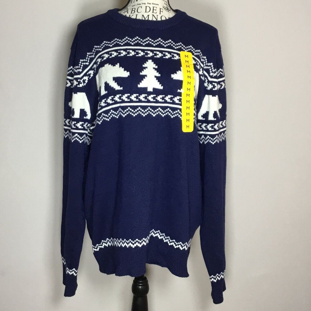 NWT fair isle knit sweater lagenlook geometric polar bears trees navy blue M